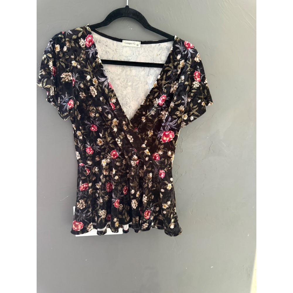 Ginger G Womens Whimsigoth Medium Black Floral Velvet Wrap Peplum Top Grunge